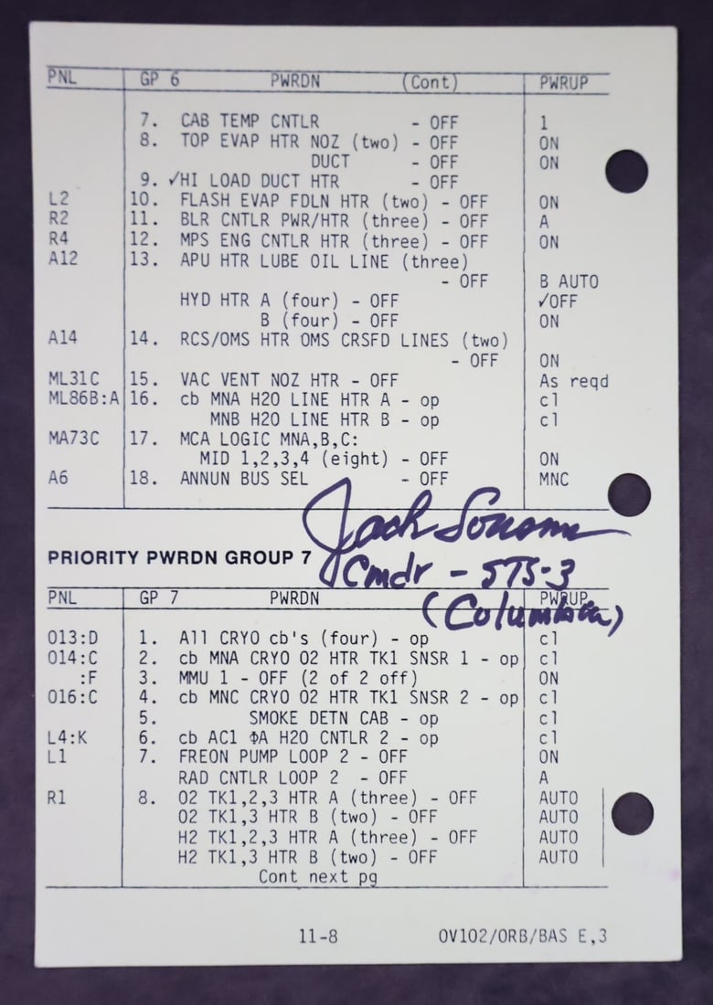 STS-3 Flown Jack Lousma Signed Checklist Page (1 of 2)