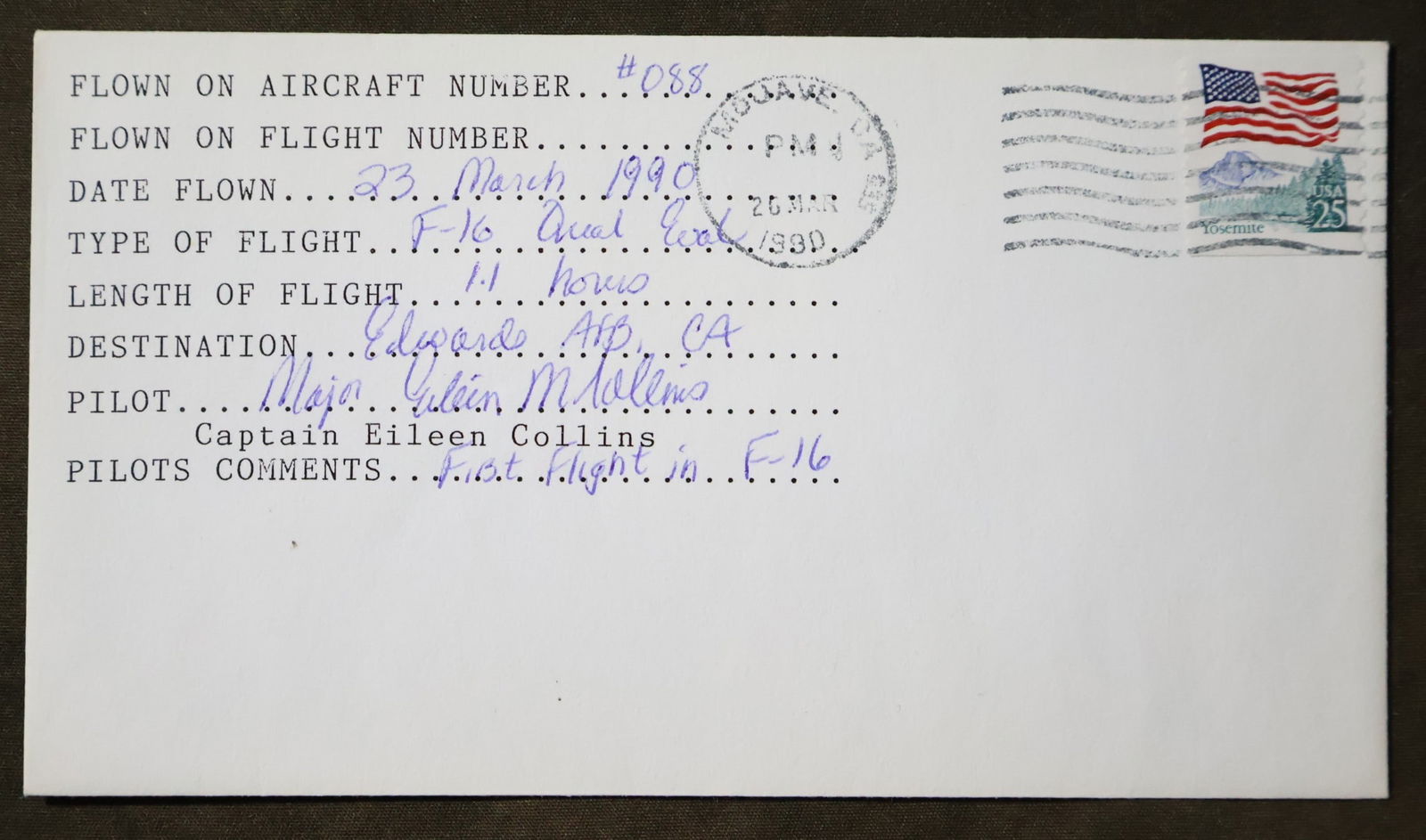 Eileen Collins F-16 Flown "First Flight" Cover (1 of 2)