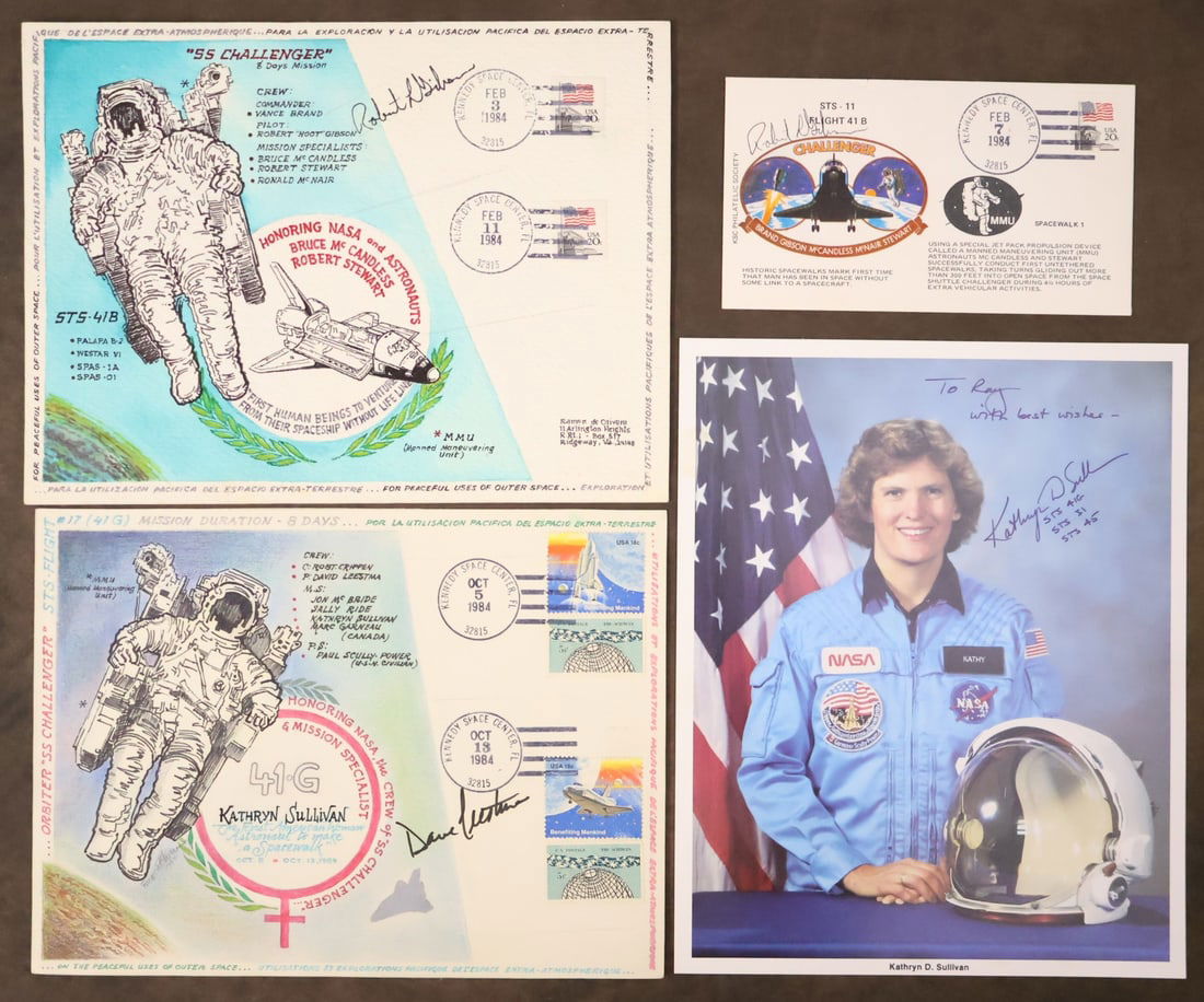 2 - Artist Ramon de Olivera Hand Painted Art Astronaut Signed with Cover: Two 8" x 10" pieces of artwork that have been hand drawn and painted by the Artist Ramon de Olivera. The artwork is themed for the STS-41B, hand signed by Astronaut Robert "Hoot" Gibson and STS-41G, h