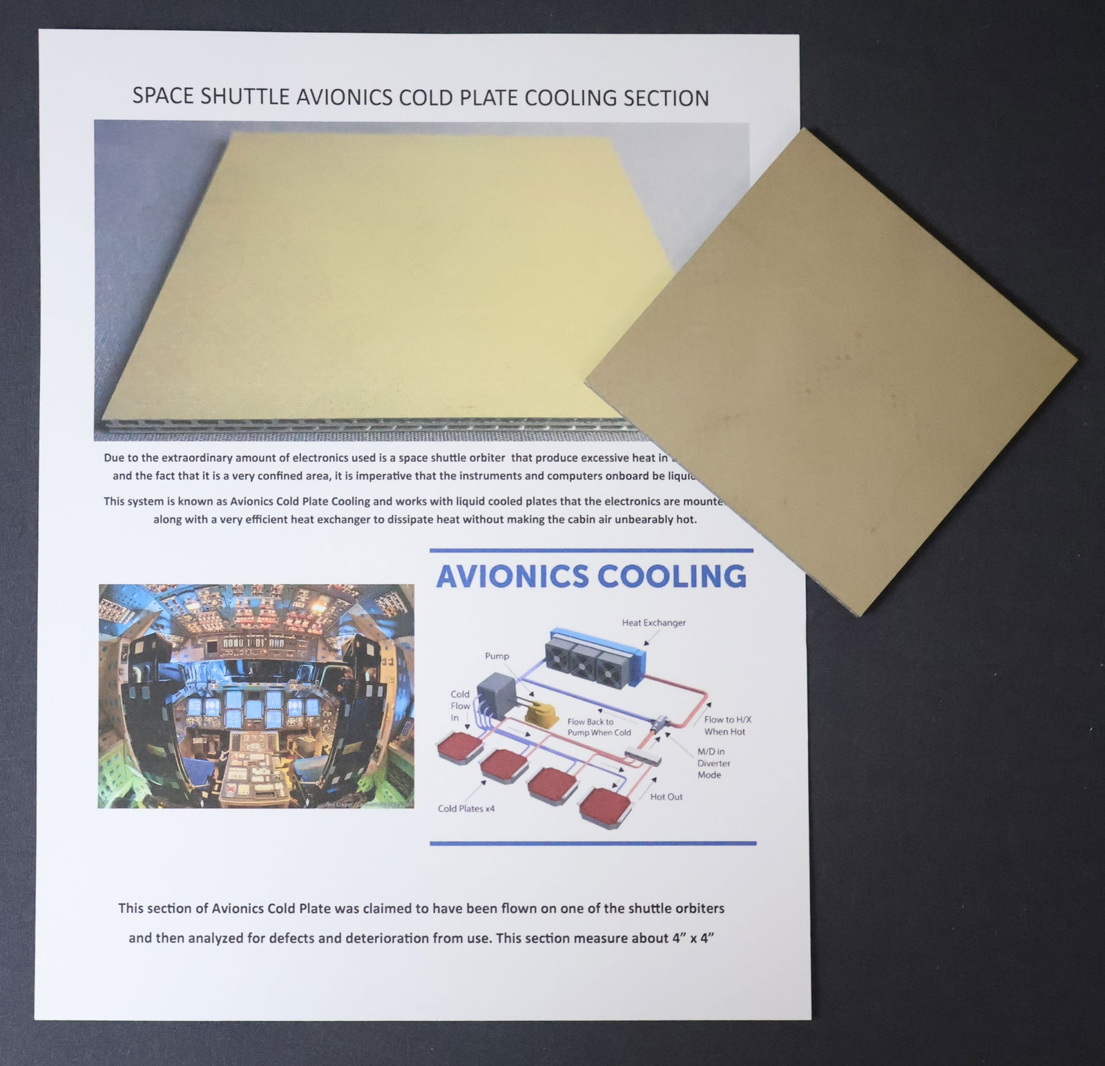 Space Shuttle Avionics Cold Plate Section: This is a 4" x 4" section of Space Shuttle Avionics Cold Plate. This liquid cooling system was used to dissipate the heat emitted from all the electronics used in the space shuttle. This cooling