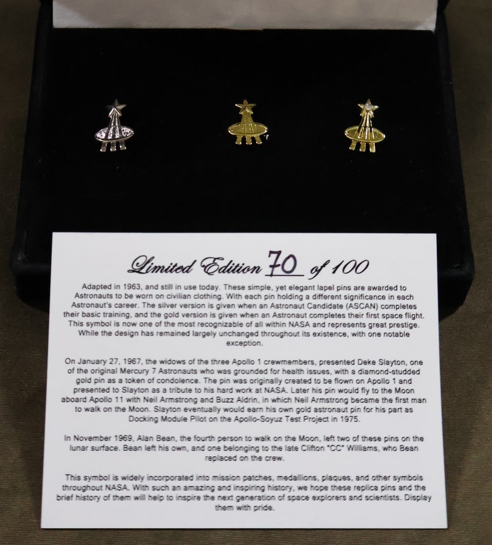 NASA Limited Edition US Astronaut Pins: A NASA Limited Edition numbered 70/100 of elegant US Astronaut lapel pin set of reproductive award pins. A descriptive card of the history of the original pins is included with the set explaining