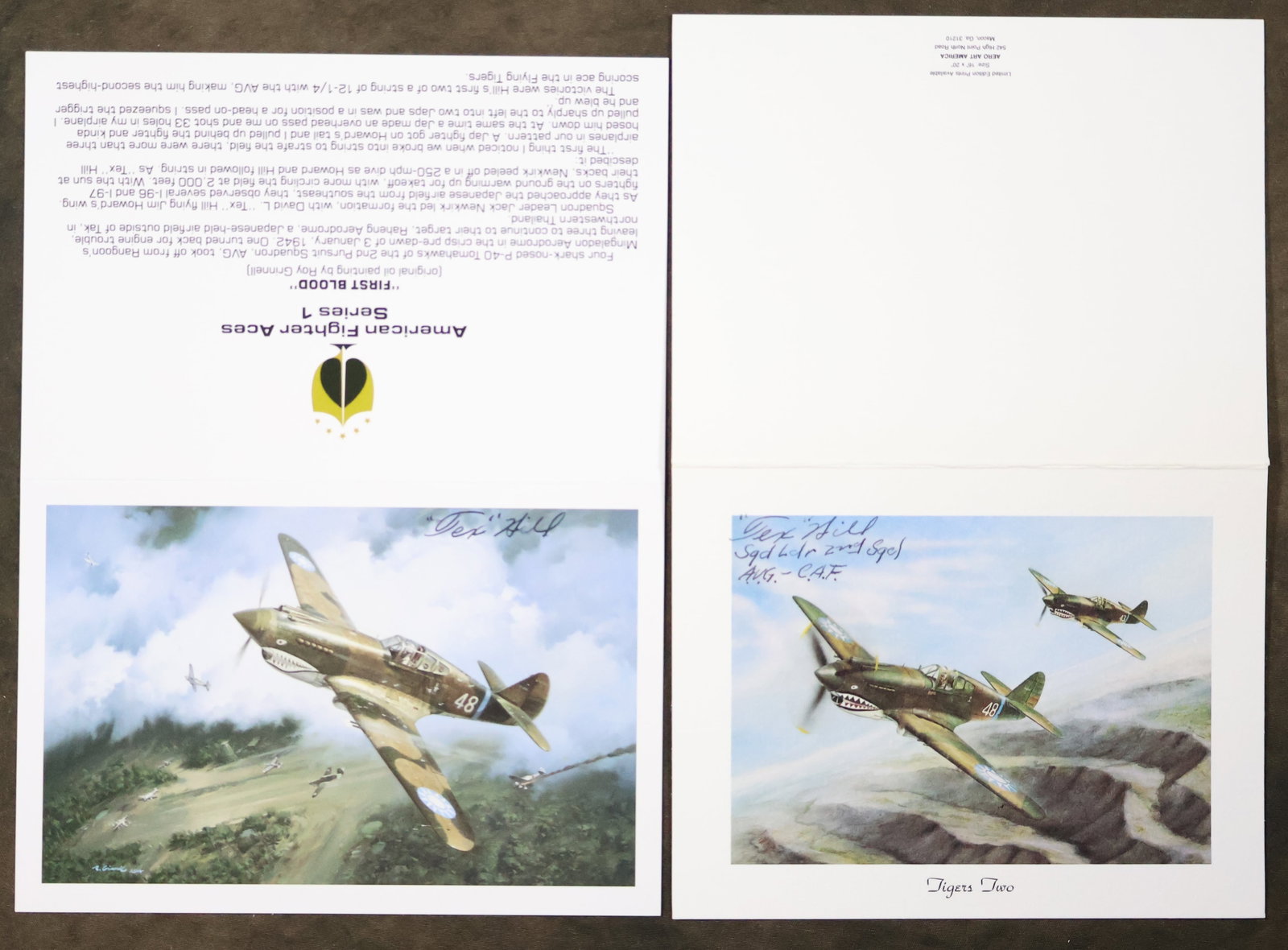 2 - Flying Tiger Tex Hill Signed Cards: These are two hand signed Flying Tiger David "Tex" Hill cards from the American Fighter Aces Series of printed greeting cards displaying images of original oil paintings of the shark-nosed P-40 Tomaha