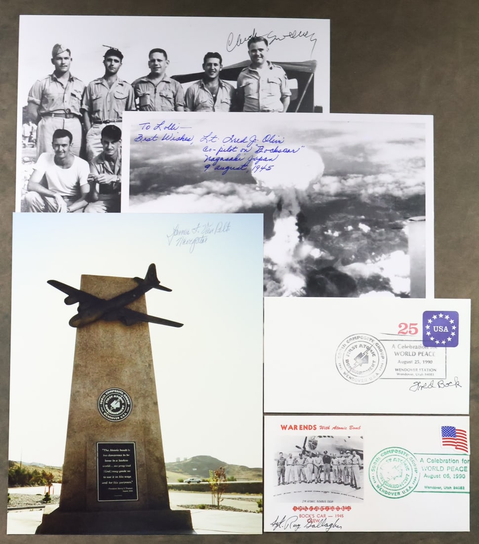 2nd Atomic Bomb Crew Signed Items: A collection of items that have been hand signed by the flight crew members of the 2nd Atomic Bomb. A 8" x 10" group crew photograph hand signed by Commander Chuck Sweeney, a 8" x 10" photograph