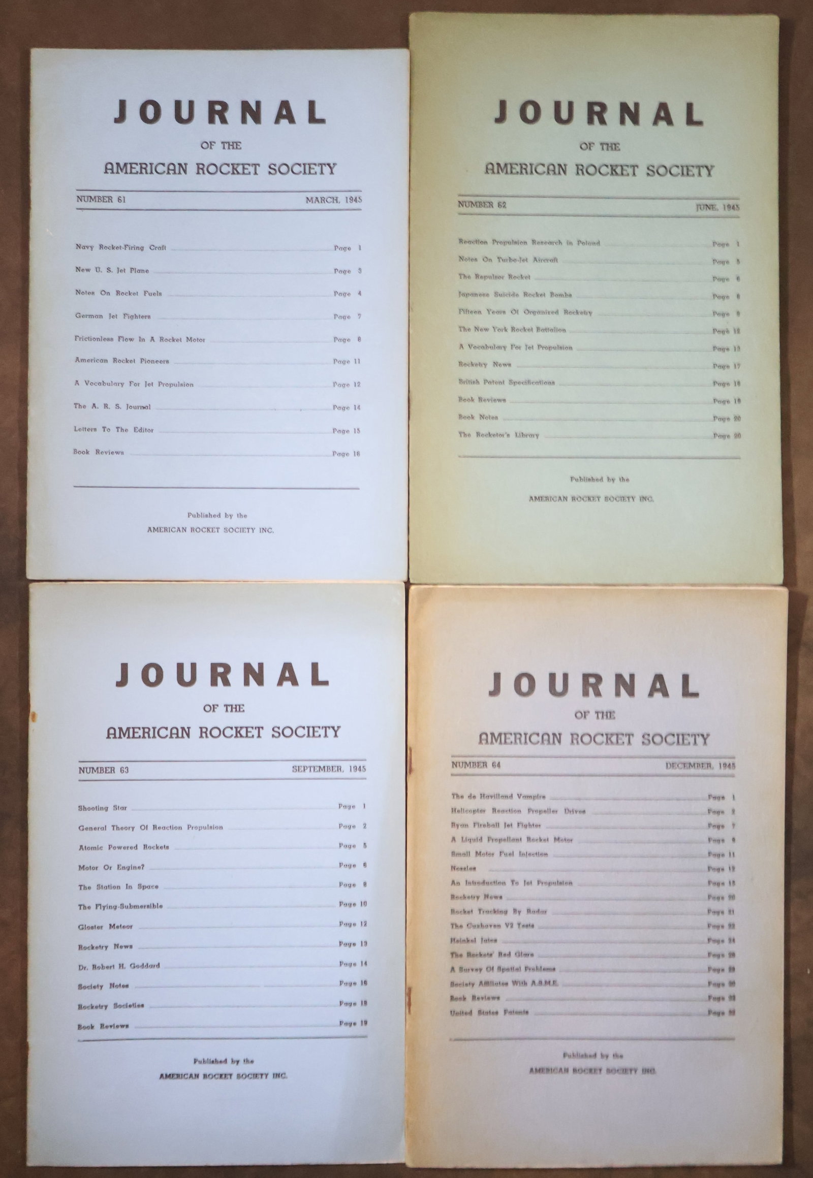4 - 1945 Journal of the American Rocket Society: Four vintage editions of the Journal of the American Rocket Society dated March, June, September and December 1945. These are very informative and illustrated booklets. Each 9" x 6" booklet issue is