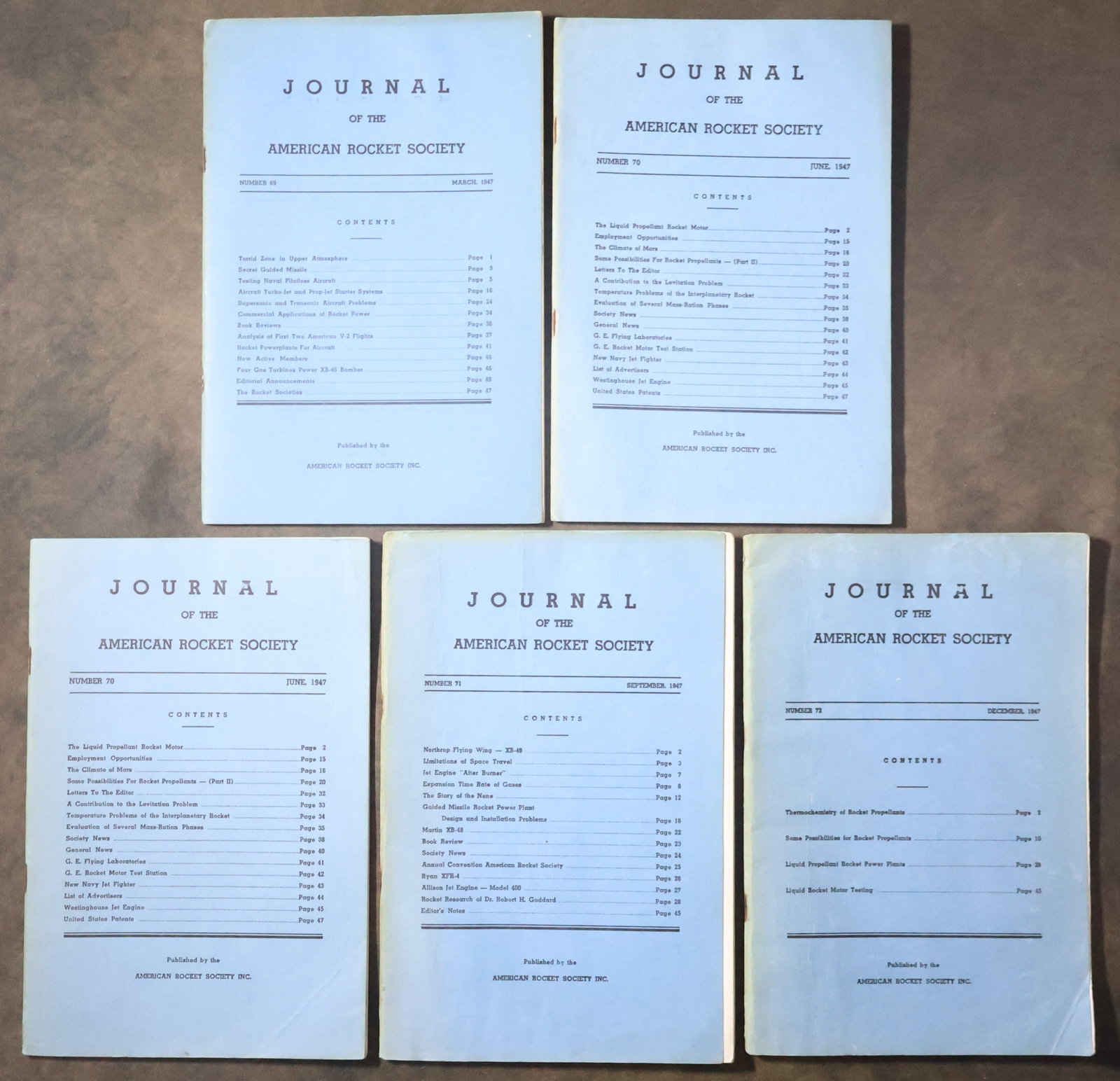 5 - Journal of the American Rocket Society 1947: Five vintage editions of the Journal of the American Rocket Society dated March, June (2), September and December 1947. These are very informative and illustrated booklets. Each 9" x 6" booklet issue