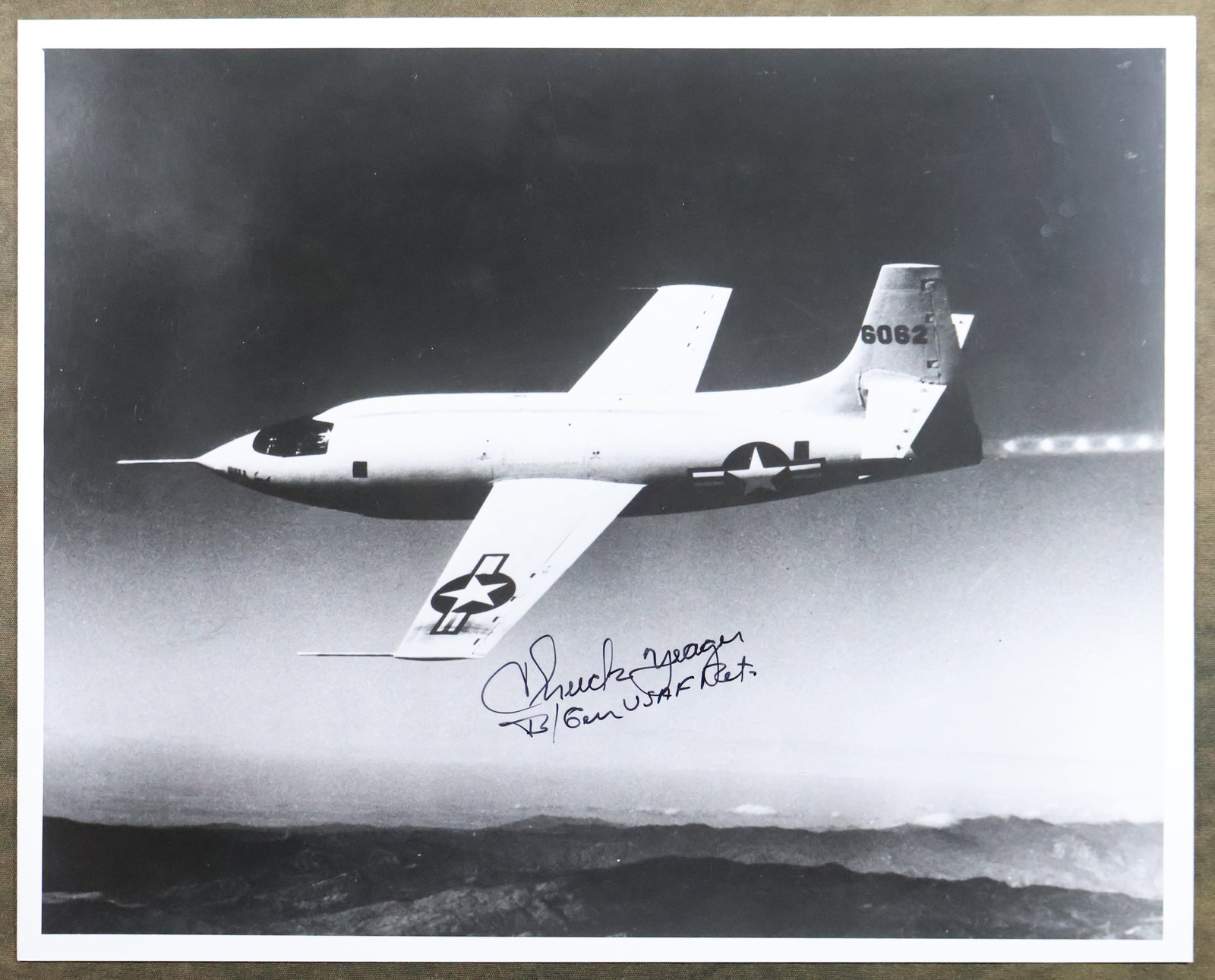 Chuck Yeager Signed Bell X-1 Aircraft Photograph: An 8" x 10" black and white photograph showing an image of the Bell X-1 Aircraft. The Bell X-1 is a rocket engine–powered aircraft, designated originally as the XS-1, and was a joint National Ad