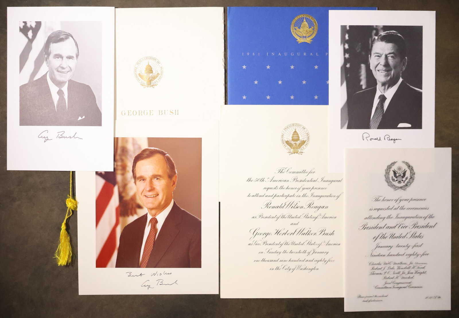 Presidential Inaugural Invitations & Programs: Presidential Inaugural Programs with ceremony invitations for the inauguration of Ronald Regan and George H. Bush. Also included is a hand signed portrait 8" x 10" photograph of George Bush. These ite
