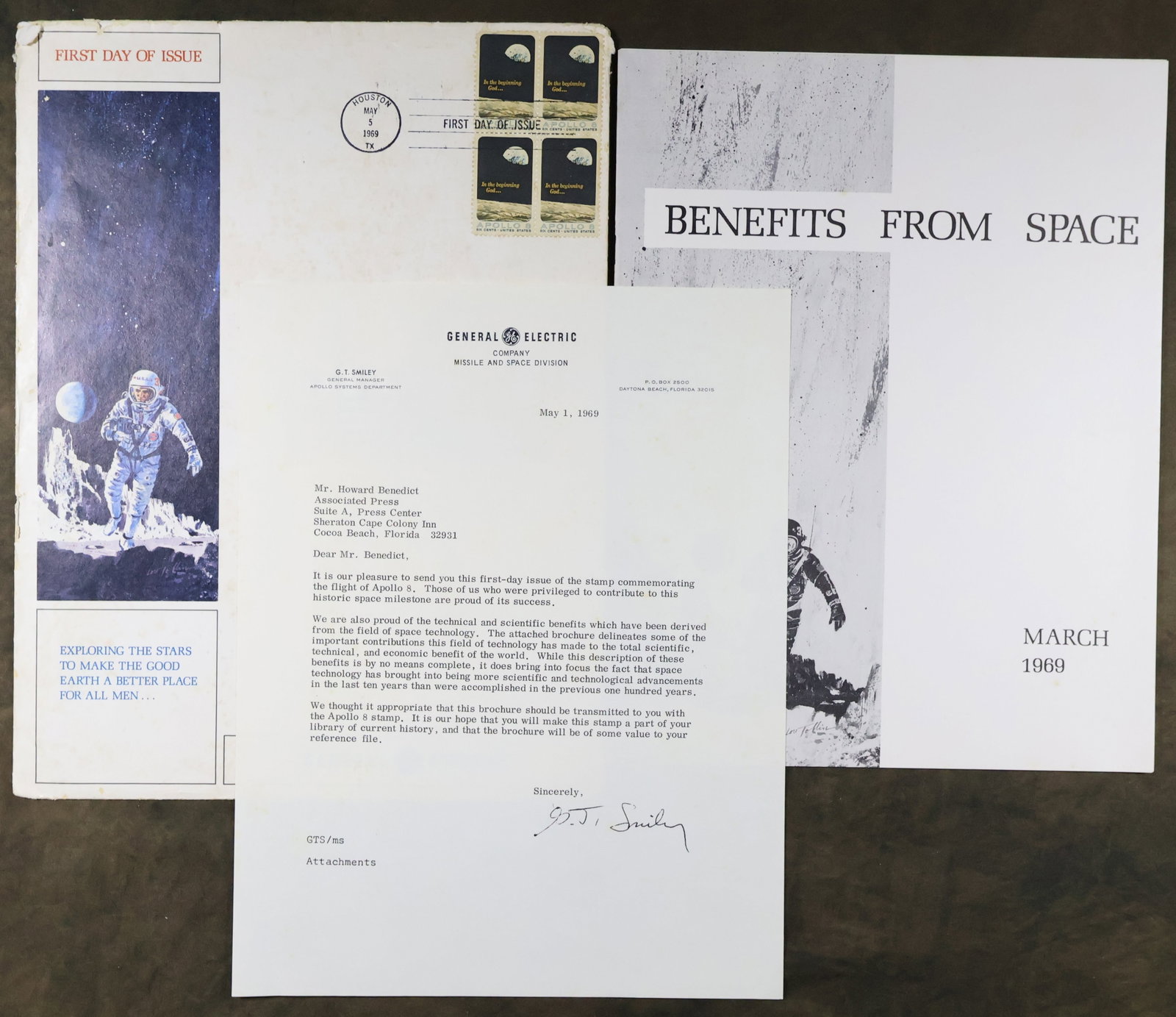 Rare Apollo 8 GE First Day of Issue Envelope & Letter: A First Day of Issue General Electric Apollo 8 envelope displaying four Apollo 8 stamps with the Houston cancellation First Day of Issue stamp dated May 5, 1969. A rare, seldom seen item that is in go