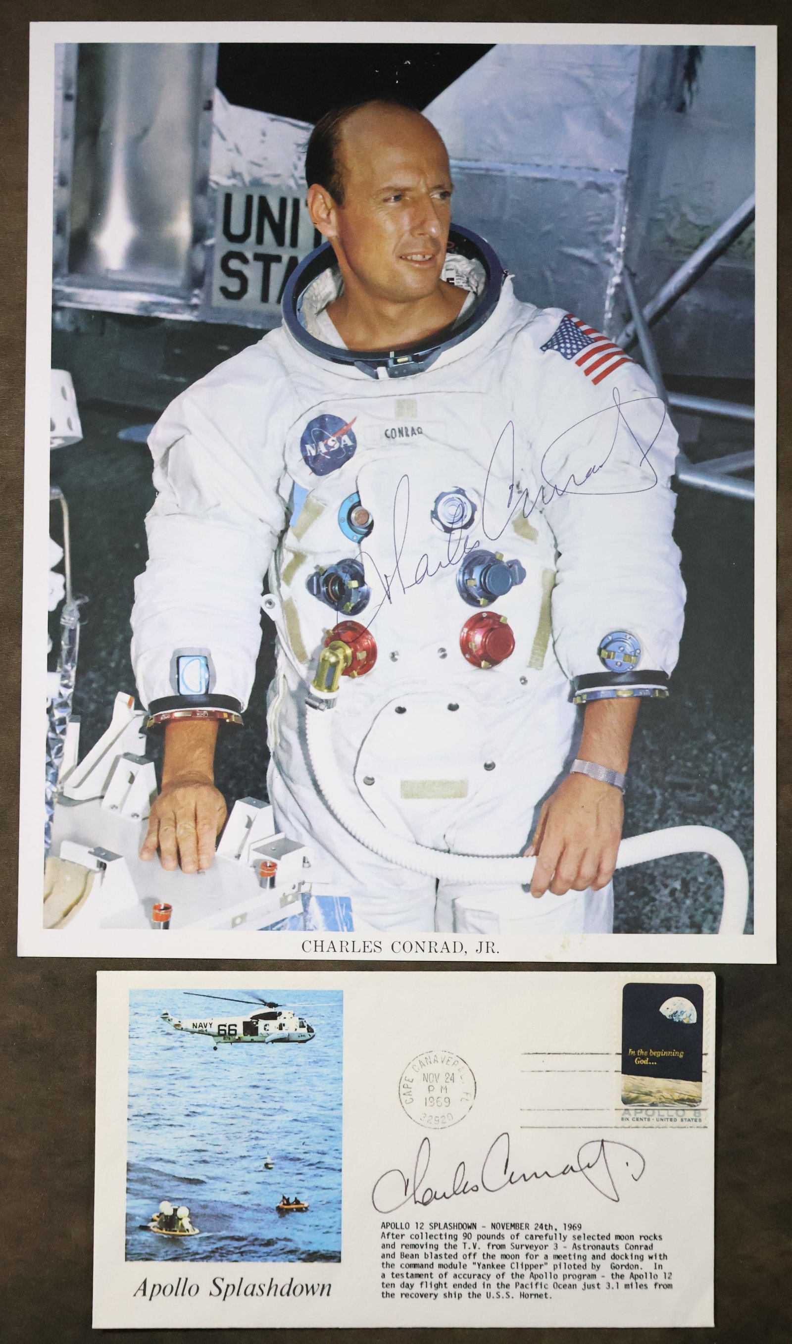 Charles Conrad Signed NASA Lithograph & Splashdown Cover: An original NASA issued lithograph showing astronaut Charles Conrad in his White Space Suit. This 8" x 10" lithograph is in good to very good condition with light surface marks and edge dings. It has 