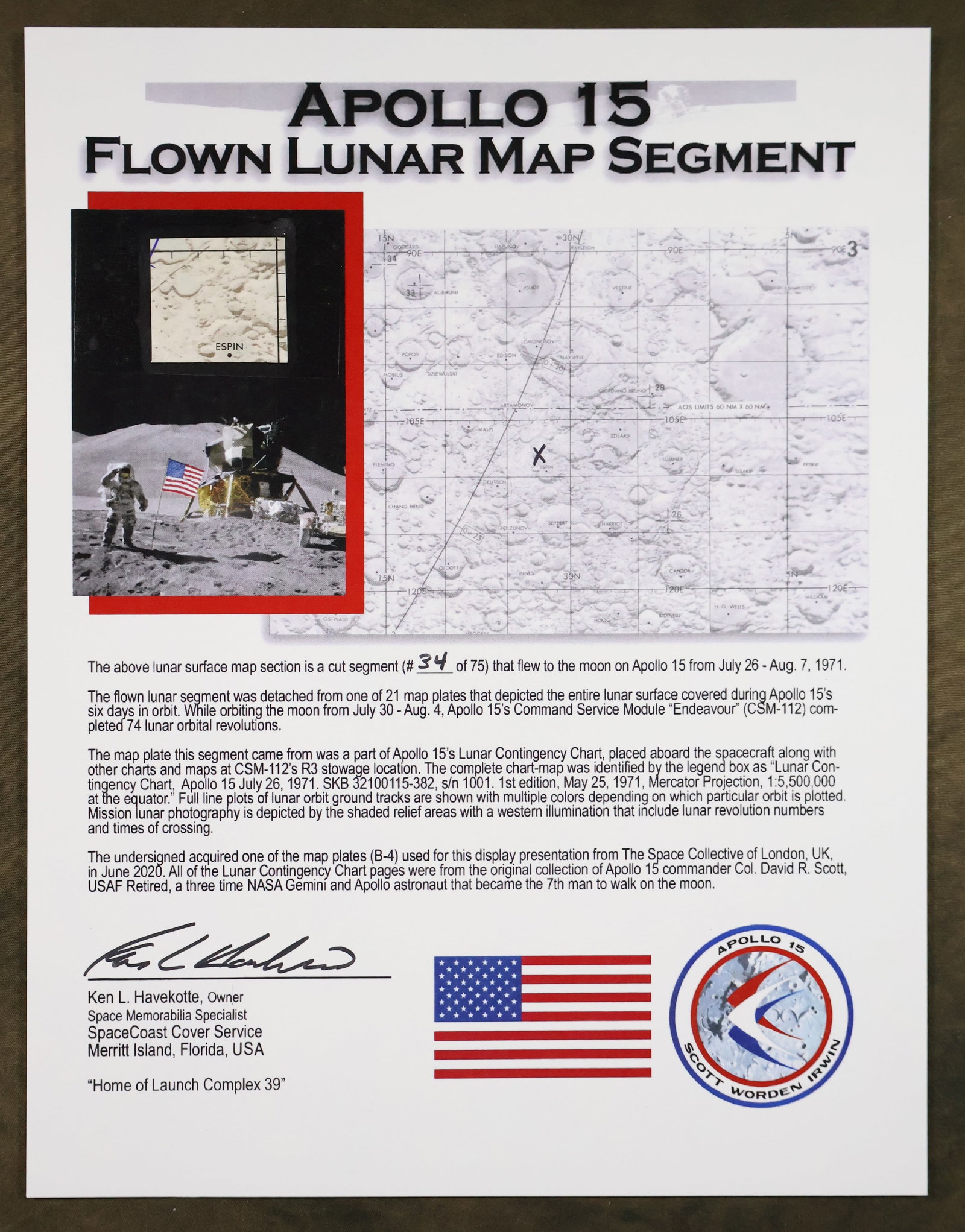 Apollo 15 Flown Lunar Map Segment on COA: A very nice presentation display for an Apollo 15 Flown Lunar Map Segment. This 1.25" section of map was acquired from one of the map plates that flew to the Moon on Apollo 15's six day orbit. This