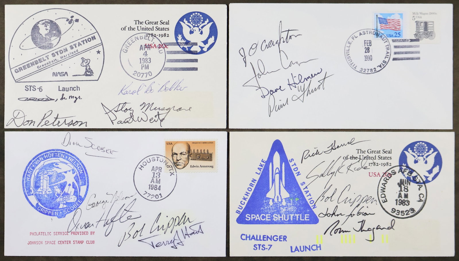 4 - Space Shuttle Crew Signed Covers: Four Space Shuttle covers for the STS-6, STS-7, STS-36 and STS-41C missions that have each been hand signed by the crew members. Each cover is in very good to excellent condition with light handling