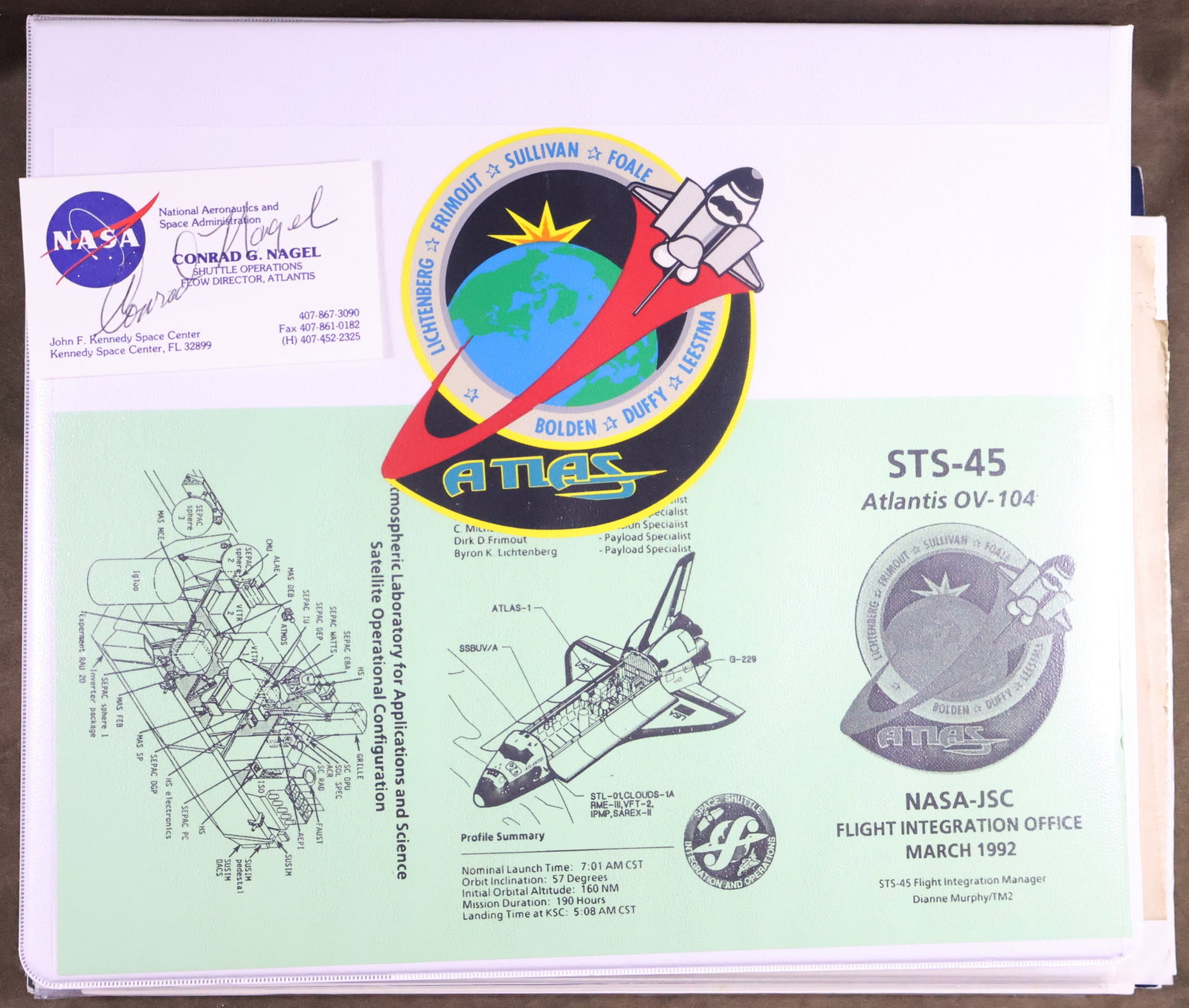 STS-45 Mission Multi Signed Collection with Flown Flag & Seal: This is a very nice collection of items from the STS-445mission. Included in this collection is a full crew signed 8' x 10' photograph that was dedicated to Conrad Nagel, several NASA mission informat