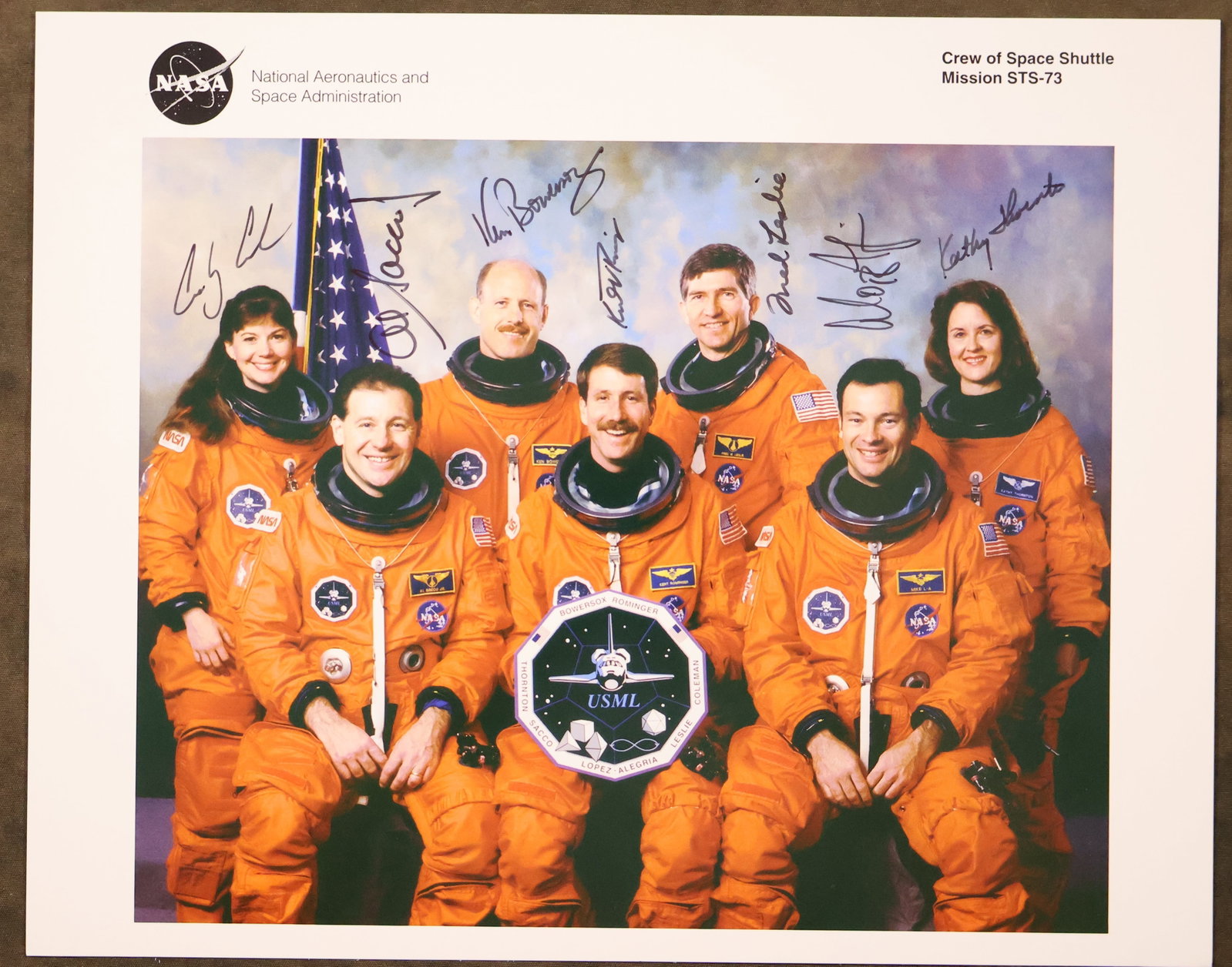 STS-73 Full Crew Signed NASA Lithograph: An original NASA issued lithograph for the STS-73 mission. This 8" x 10" lithograph has been hand signed by the full crew members - Kenneth Bowersox, Kent Rominger, Catherine Coleman, Michael Lopez-Al
