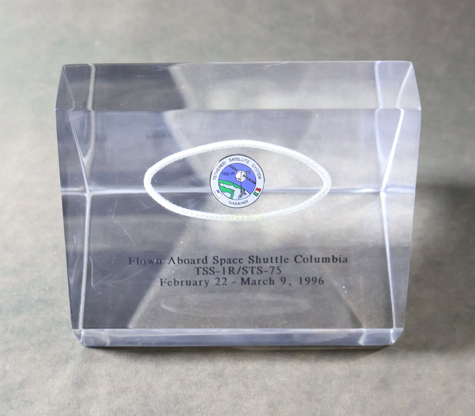 STS-75 Flown TSS-1R Tether Cord Section Lucite Display (1 of 4)