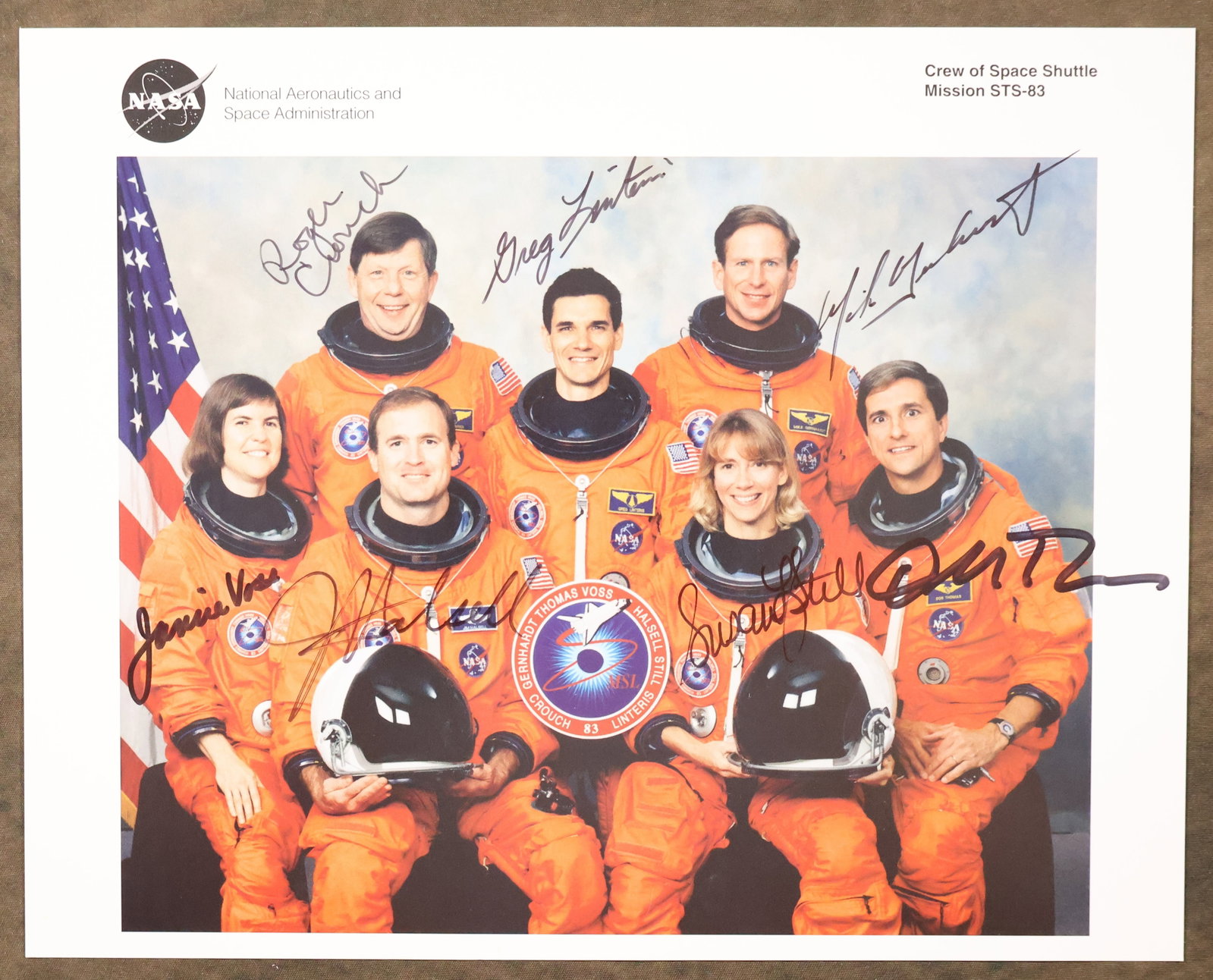 STS-83 Full Crew Signed NASA Lithograph: An original NASA issued lithograph for the STS-83 mission. This 8" x 10" lithograph has been hand signed by the full crew members - James Halsell, Susan Stil, Janice Voss, Michael Gernhardt, Donald