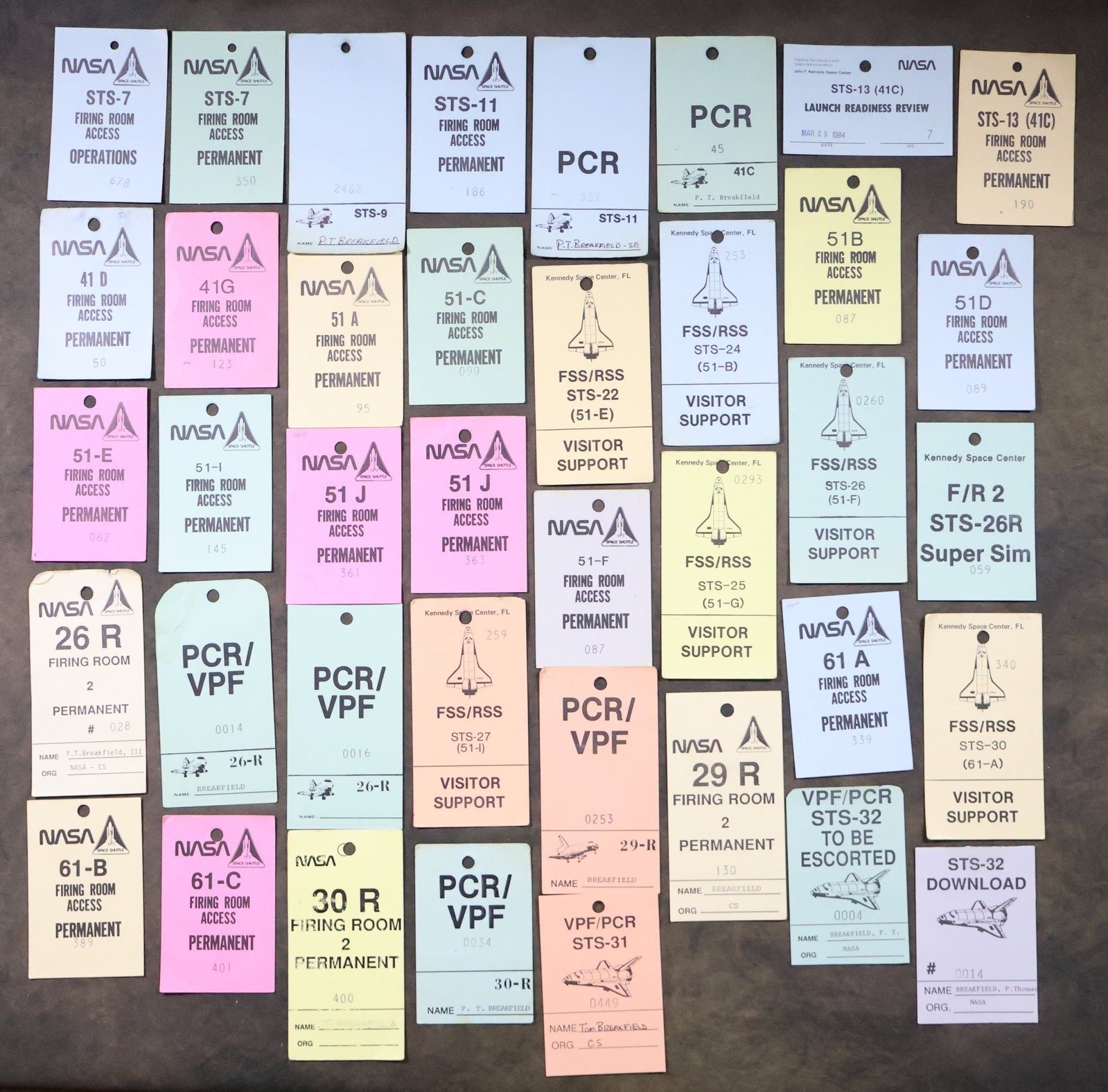 NASA Launch Pad & Firing Room Passes: A collection of over 140 official NASA Launch and Firing Room passes covering missions from STS-1 through STS-95. The passes are in very good to excellent condition with expected wear from use. These 