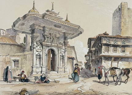 Lewis, Constantinople - Gate of the Mosque of Saint Sophia: This picturesque folio lithograph is from John Frederick Lewis's Lewis's Illustrations of Constantinople: Made During a Residence in That City in the Years 1835-6. The work was published in London