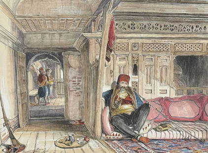 Lewis, Constantinople - Reception Room of the Rukish Pacha New Orsova: This picturesque folio lithograph is from John Frederick Lewis's Lewis's Illustrations of Constantinople: Made During a Residence in That City in the Years 1835-6. The work was published in London in