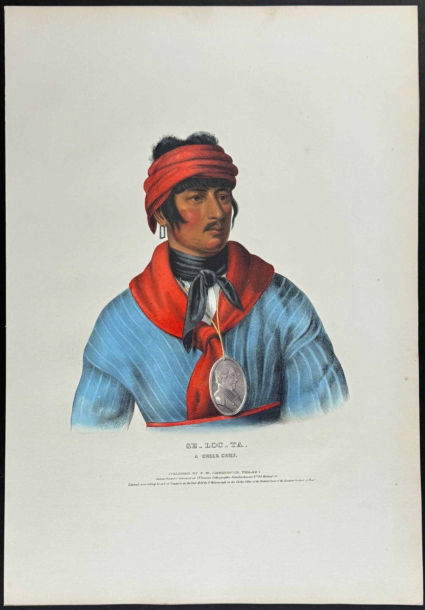 McKenney & Hall, Folio - Se-Loc-Ta, A Creek Chief: This historic folio, Native American lithograph is from Thomas L. McKenney & James Hall?s History of the Indian Tribes of North America. The work was published in Philadelphia by Daniel Rice and James