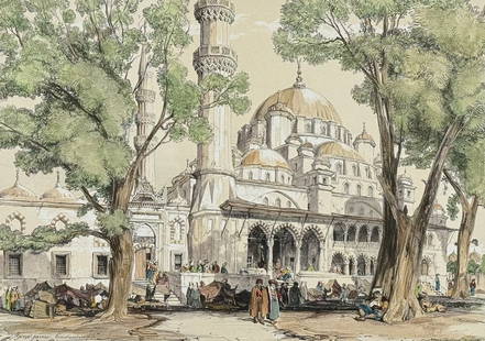 Lewis - Yeni jami Constantinople: This picturesque folio lithograph is from John Frederick Lewis's Lewis's Illustrations of Constantinople: Made During a Residence in That City in the Years 1835-6. The work was published in London in