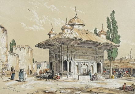 Lewis - Fountain from the Gate of the Seraglio: This picturesque folio lithograph is from John Frederick Lewis's Lewis's Illustrations of Constantinople: Made During a Residence in That City in the Years 1835-6. The work was published in London in