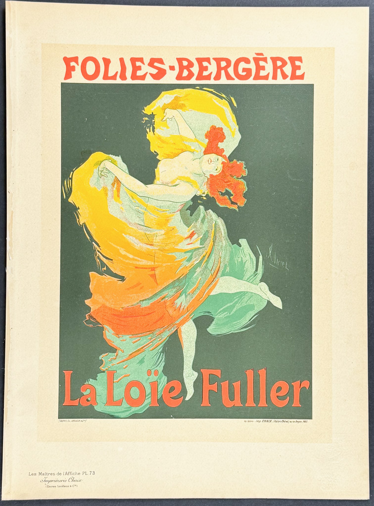 Maitres Affiches by Cheret - Folies-Bergere - La Loie Fuller. 73: This first edition, folio lithograph after a poster is from Les Maitres de l'Affiche. The work was published by Imprimerie Chaix under the direction of Jules Cheret in Paris between 1896 and 1900. The