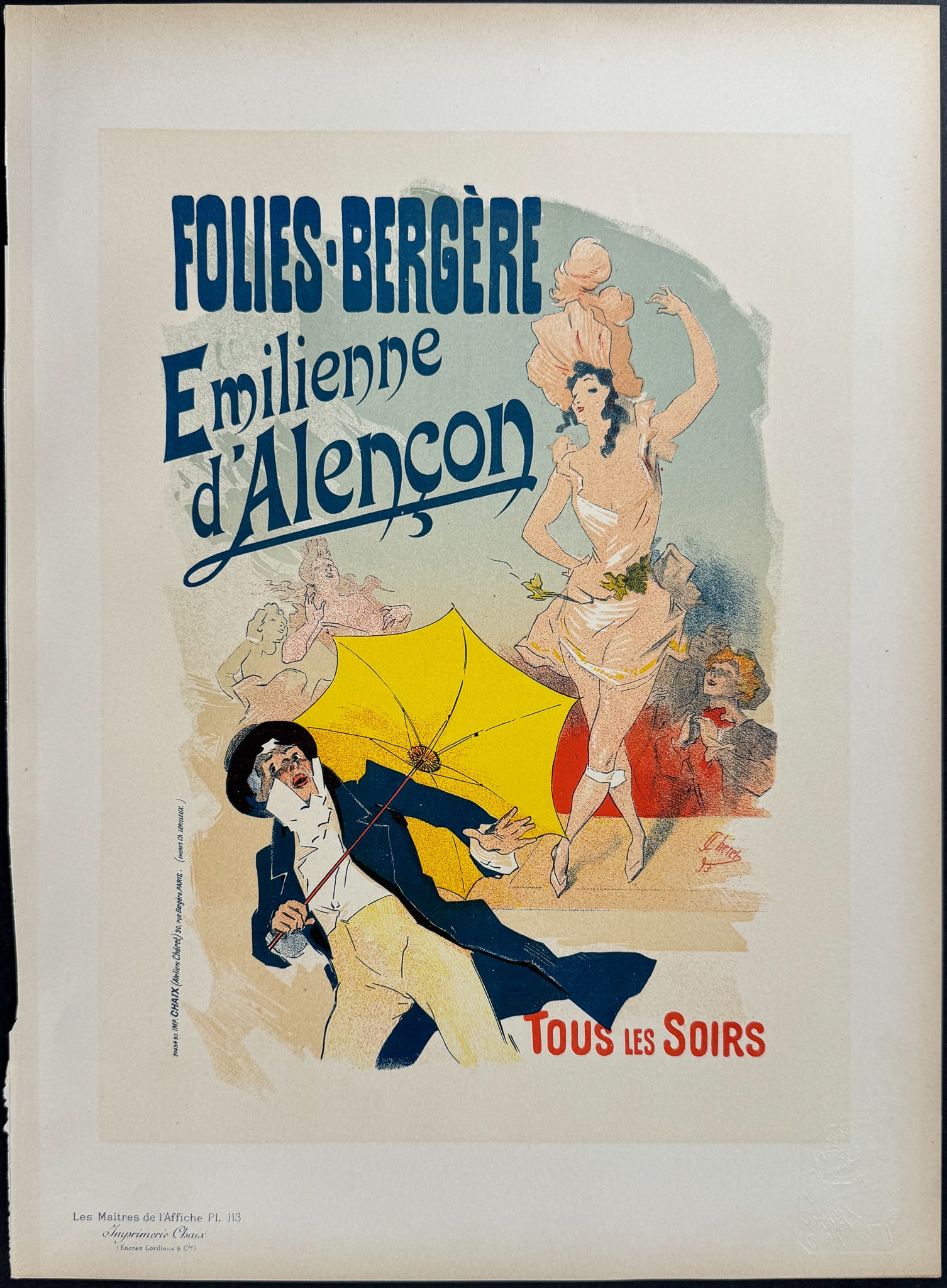 Matires Affiches by Cheret - Emilienne d'Alencon. 113: This first edition, folio lithograph after a poster is from Les Maitres de l'Affiche. The work was published by Imprimerie Chaix under the direction of Jules Cheret in Paris between 1896 and 1900. The