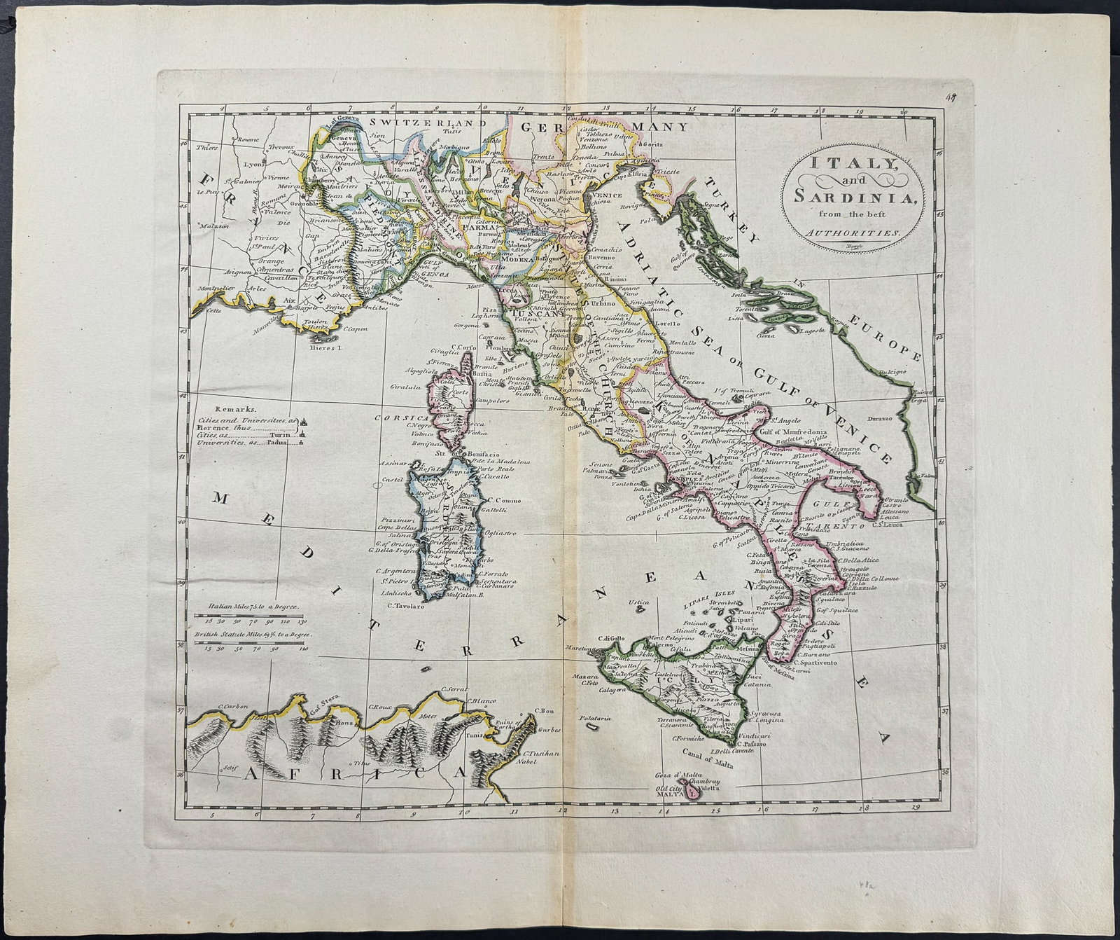 Carey, pub. 1814 - Map of Italy & Sardinia: This engraved map is from Mathew Carey's General Atlas, improved and enlarged: being a collection of maps of the world and quarters, their principal empires, kingdoms, &c. The work was published in Ph