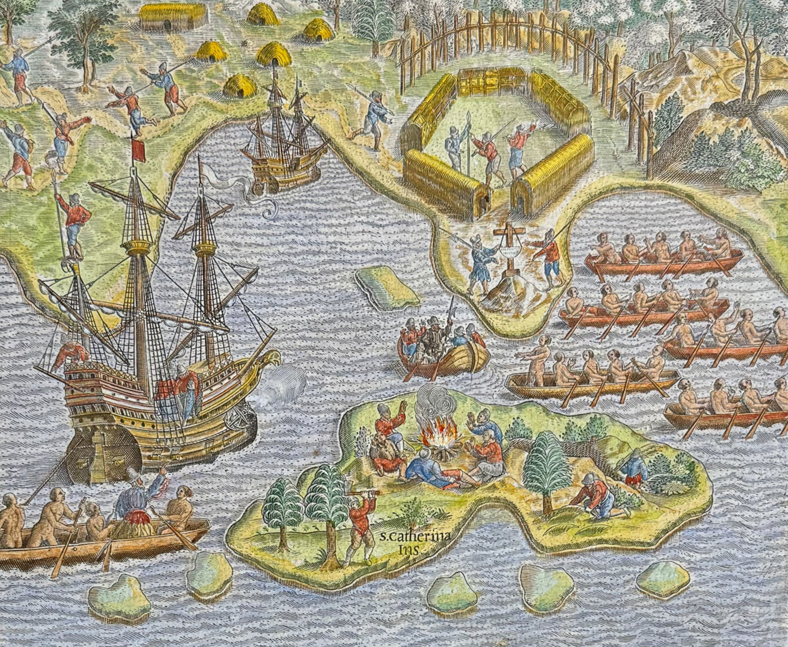 De Bry - Brazil - How some of us went out to survey the harbour and came across a crucifix on a (1 of 2)