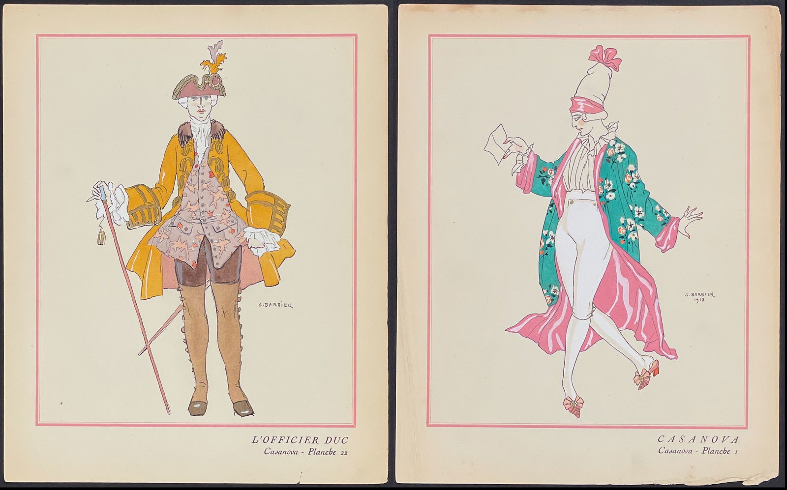Barbier - 4 Illustrations of Costumes of Casanova: This beautiful illustration is from George Barbier's Vingt-Cinq Costumes pour le Theatre. The work was published in Paris by Bloch and Meynial in 1927 and limited to 275 in publication. Each lithograp