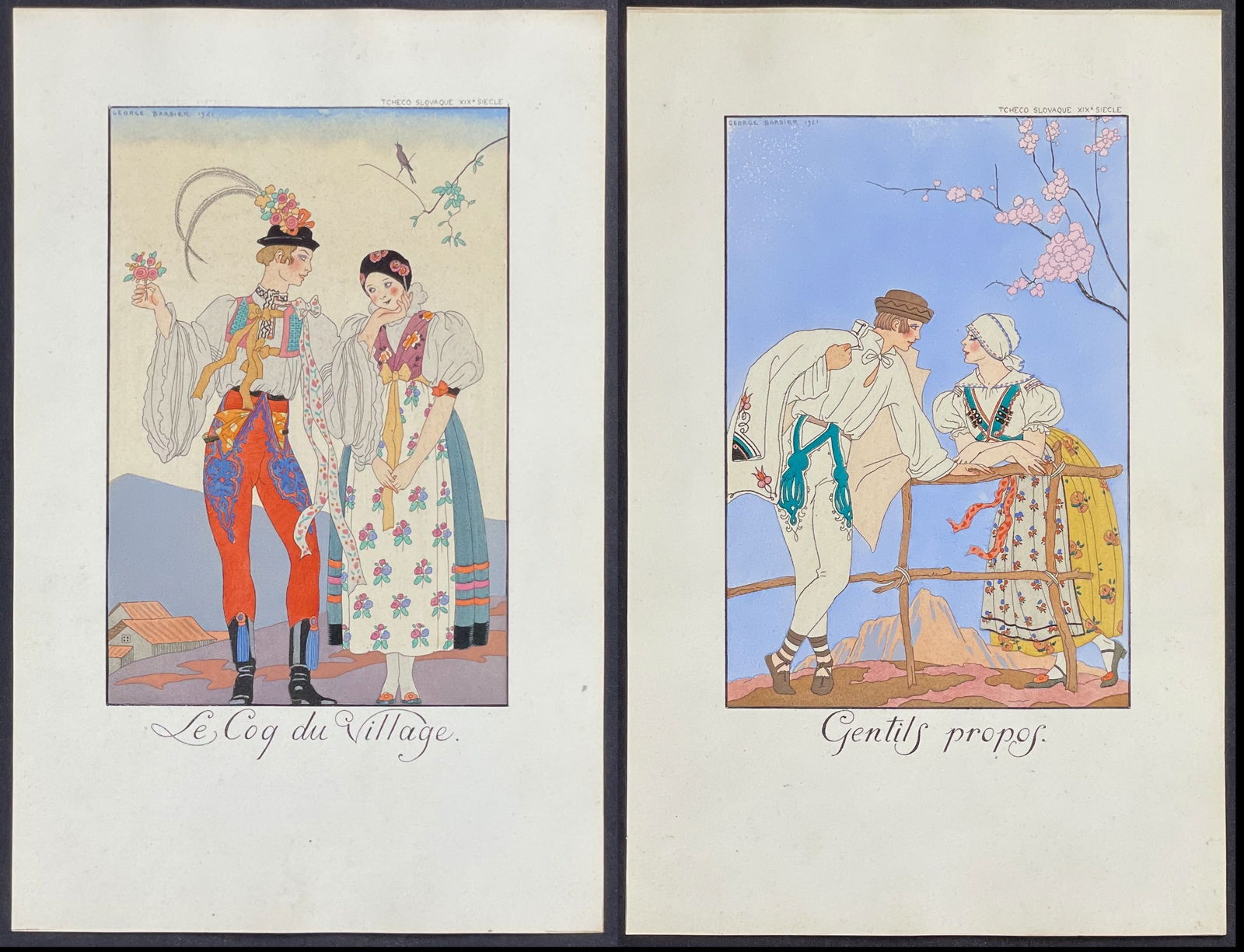 Barbier - 4 Pochoir Illustrations: This lovely fashion pochoir lithograph is from George Barbier as part of Falbalas & Fanfreluches. The work was published by Meynial in Paris between 1921 and 1926. George Barbier was one of the most c