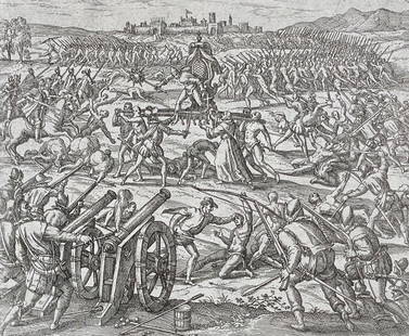 De Bry - Francisco Pizarro troops capturing Inca Emperor Atahualpa during Battle of Cajamarca,: This enthralling engraving is from Theodor De Bry's significant historical work Grands Voyages. This from the first edition, Latin issue with this particular engraving being published in Frankfurt bet