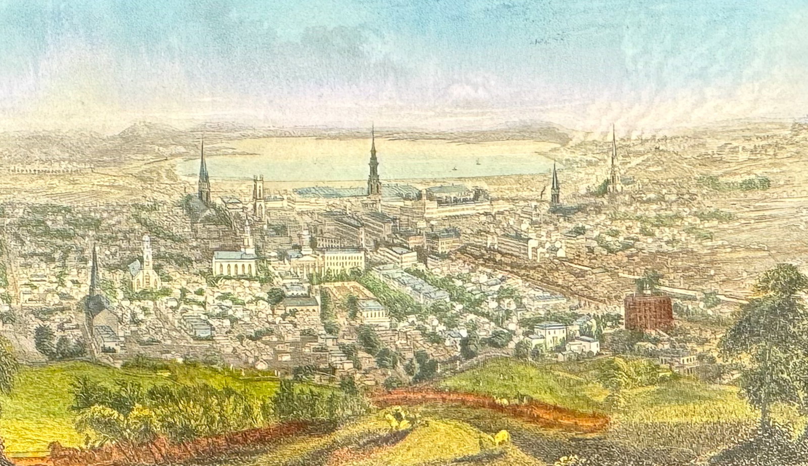 Magnus - View of Syracuse, New York: This detailed, hand-colored steel engraving of an American landscape was published by Charles Magnus & Co. in New York circa 1856. The engravings were trimmed and mounted to black mounting boards with