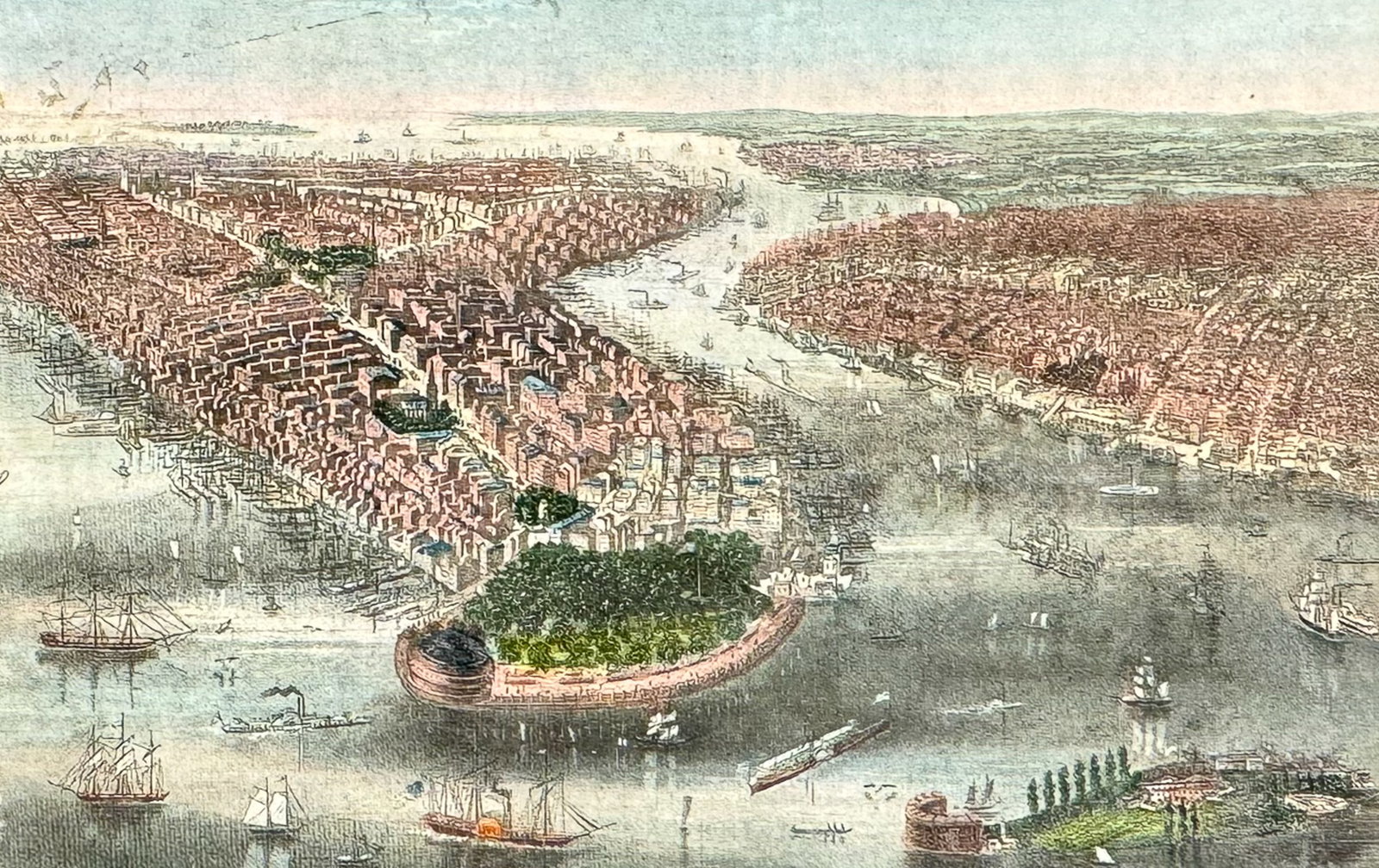 Magnus - View of New York, Brooklyn, & Williamsburgh: This detailed, hand-colored steel engraving of an American landscape was published by Charles Magnus & Co. in New York circa 1856. The engravings were trimmed and mounted to black mounting boards with
