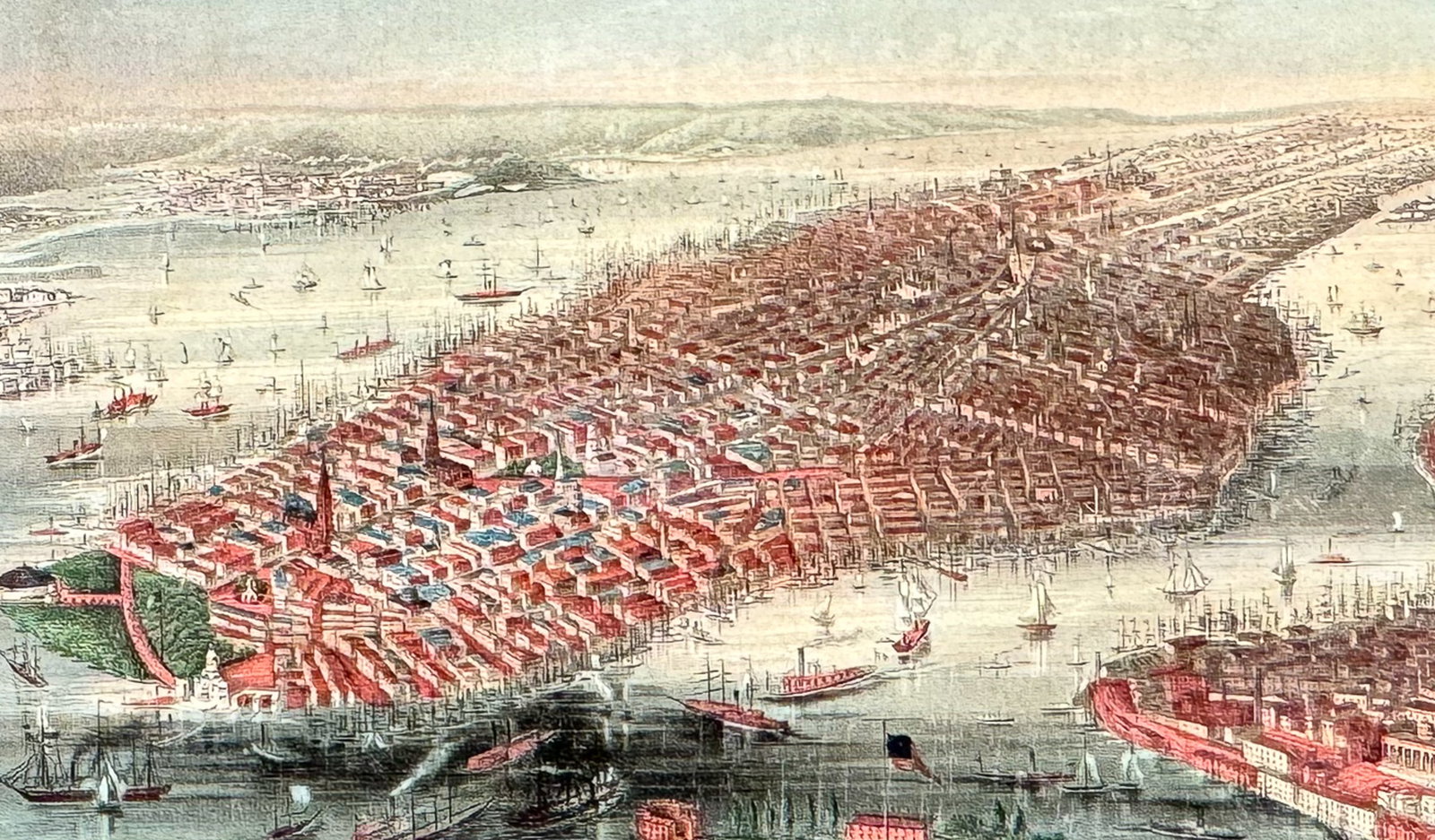 Magnus - Bird's Eye View of the City of New York with Environs: This detailed, hand-colored steel engraving of an American landscape was published by Charles Magnus & Co. in New York circa 1856. The engravings were trimmed and mounted to black mounting boards with