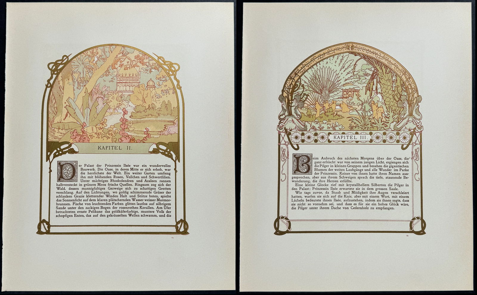 Mucha - 6 Pages with Ornate Illustrations: This attractive color lithograph is by Alphonse Mucha as part of the work by Robert de Flers entitled Ilsee, Princess of Tripoli or Ils?e, Prinzessin von Tripolis. The work was published in Prague by