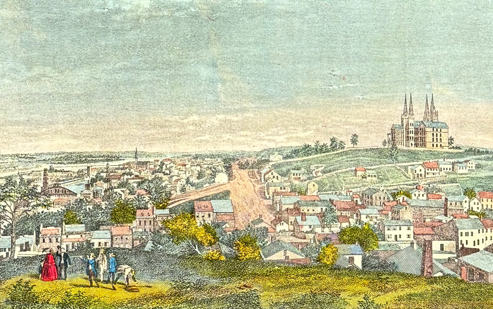 Magnus - View of Troy, New York: This detailed, hand-colored steel engraving of an American landscape was published by Charles Magnus & Co. in New York circa 1856. The engravings were trimmed and mounted to black mounting boards with