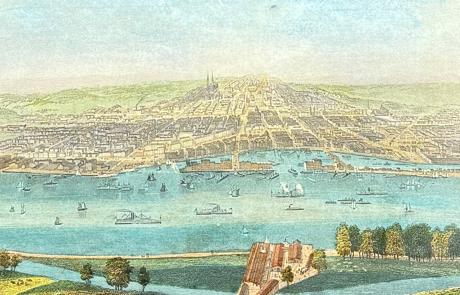 Magnus - View of Albany, New York: This detailed, hand-colored steel engraving of an American landscape was published by Charles Magnus & Co. in New York circa 1856. The engravings were trimmed and mounted to black mounting boards with
