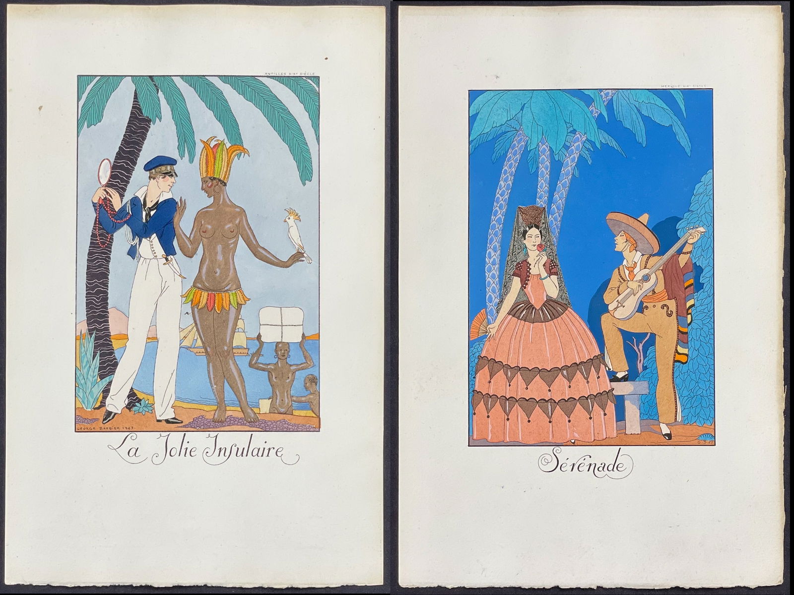 Barbier - 6 Fashion or Costume Pochoirs: This lovely fashion pochoir lithograph is from George Barbier as part of Falbalas & Fanfreluches. The work was published by Meynial in Paris between 1921 and 1926. George Barbier was one of the most c