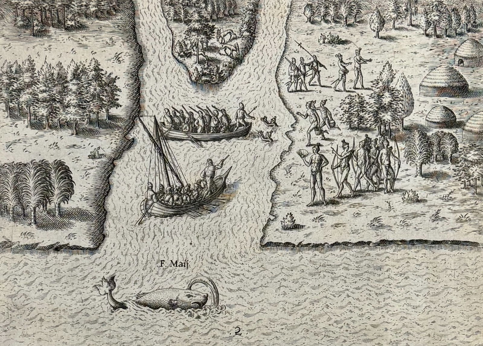De Bry - Florida - The French sail to the May river (whale): This significant, historic engraving is from Theodor de Bry & Jacques Le Moyne's Brevis Narratio eorum quae in florida Americae provi[n]cia Gallis acciderunt ... quae est seconda pars Americae. It is