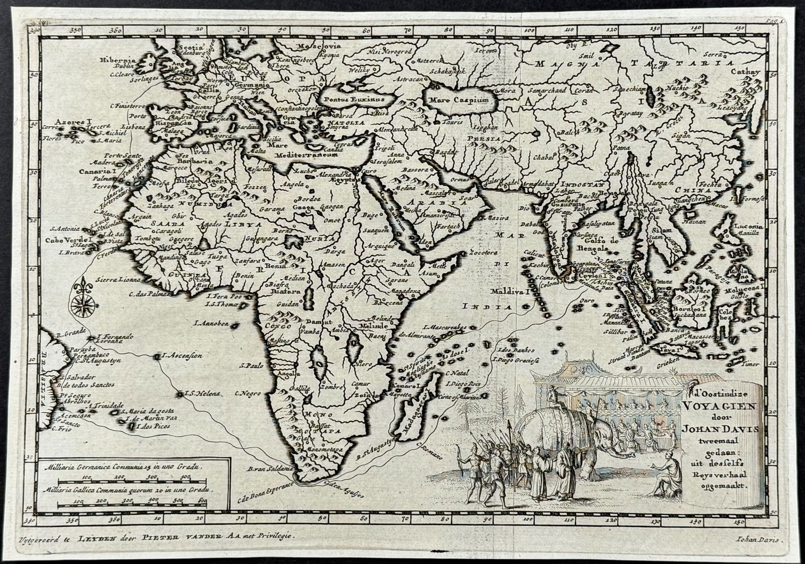 Van der Aa - Map of Africa & Asia (John Davis, Explorer): This rare historic engraving is by Pieter van der Aa's De Aanmerkens-waardige Voyagien door Francoisen, Italiaanen, Deenen, Hoogduytsen en andere Vreemde Volkeren gedaan na Oost- en West-Ind. The work