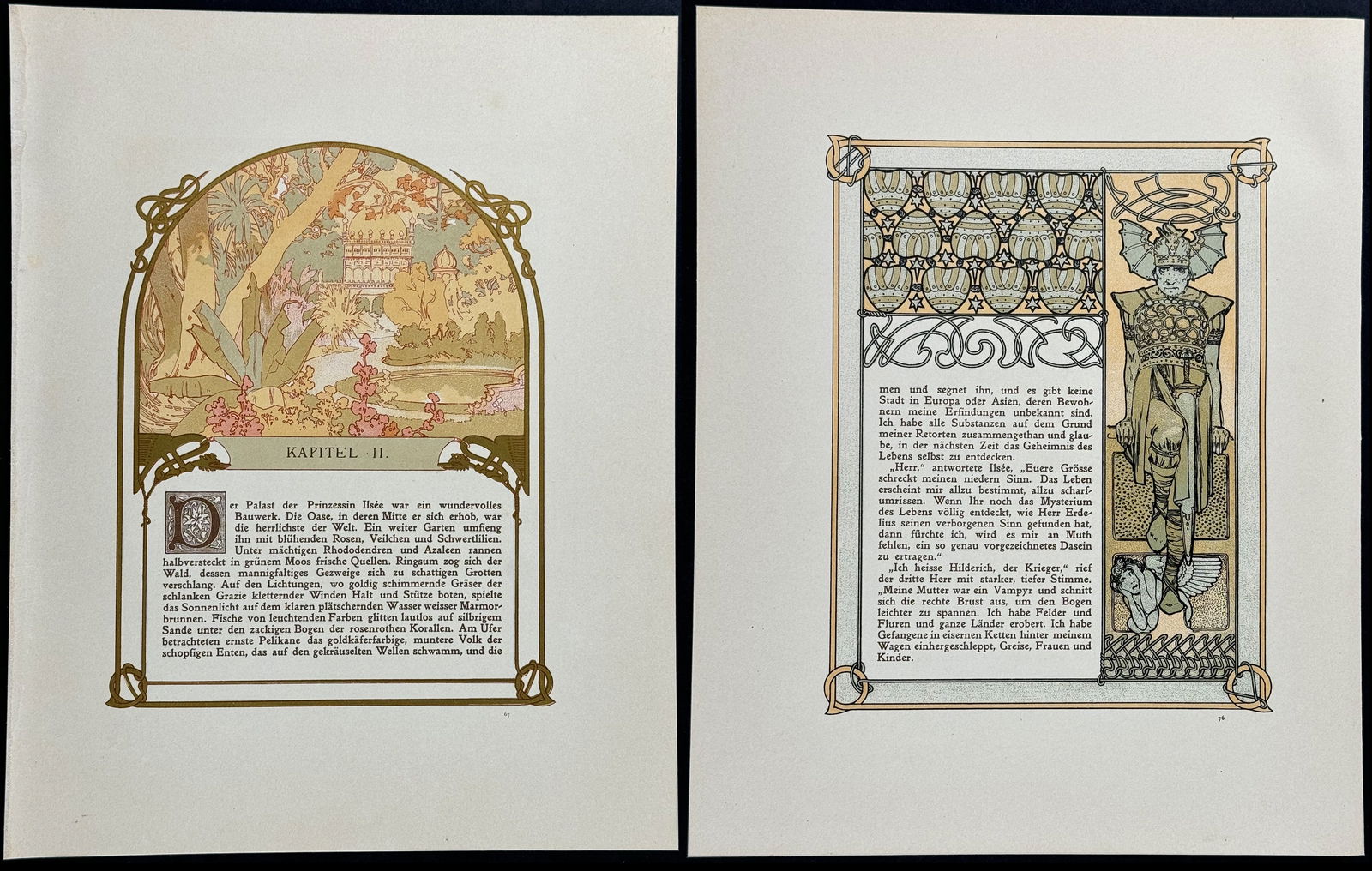 Mucha - 6 Pages with Ornate Illustrations: This attractive color lithograph is by Alphonse Mucha as part of the work by Robert de Flers entitled Ilsee, Princess of Tripoli or Ils?e, Prinzessin von Tripolis. The work was published in Prague by