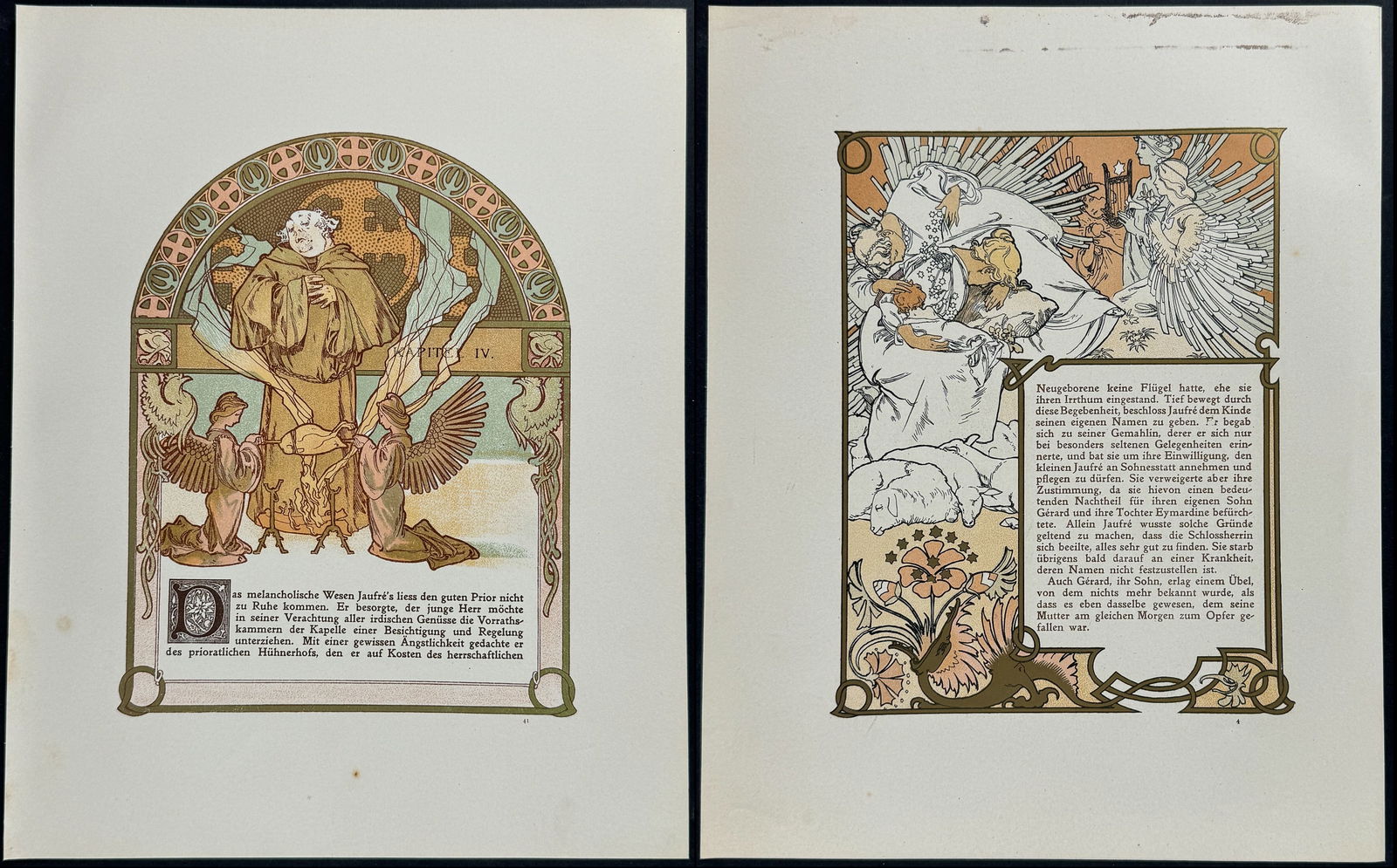 Mucha - 6 Pages with Ornate Illustrations: This attractive color lithograph is by Alphonse Mucha as part of the work by Robert de Flers entitled Ilsee, Princess of Tripoli or Ils?e, Prinzessin von Tripolis. The work was published in Prague by