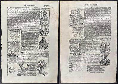 Schedel, pub. 1493 - Pair of Pages of Engravings of Weather Events and Historic or Religious People