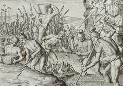 De Bry - Florida - Mode of collecting gold in streams running from the Appalachian Mountains