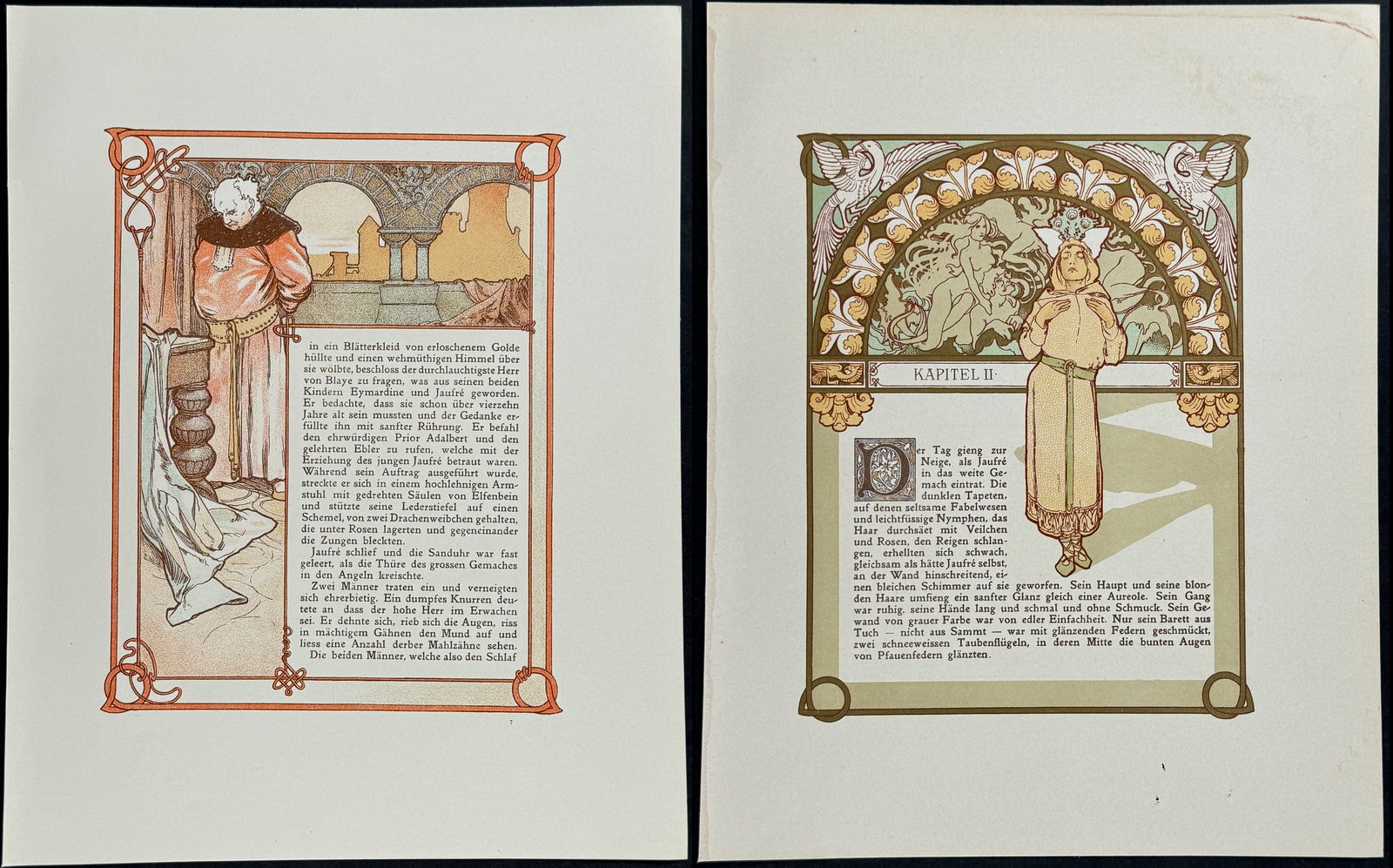 Mucha - 6 Pages with Ornate Illustrations: This attractive color lithograph is by Alphonse Mucha as part of the work by Robert de Flers entitled Ilsee, Princess of Tripoli or Ils?e, Prinzessin von Tripolis. The work was published in Prague by