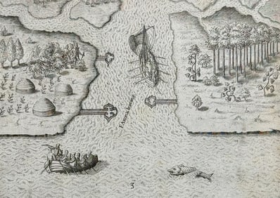 De Bry - Florida - Leaving. the May River, the French discover two other rivers (Sea Monster)