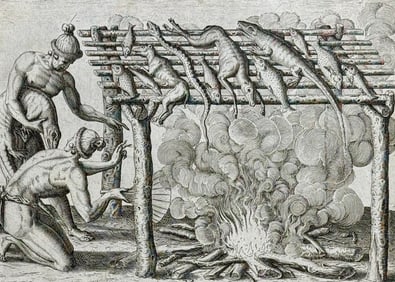 De Bry - Florida - Mode of drying fish,  wild animals and other provisions