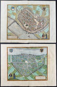 Braun & Hogenberg, pub. 1575 - Pair of Engravings of Netherlands: Deventer & Nijmegen