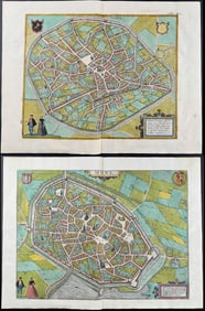 Braun & Hogenberg, pub. 1575 - Pair of Engravings of Belgium: Mons & Teinen